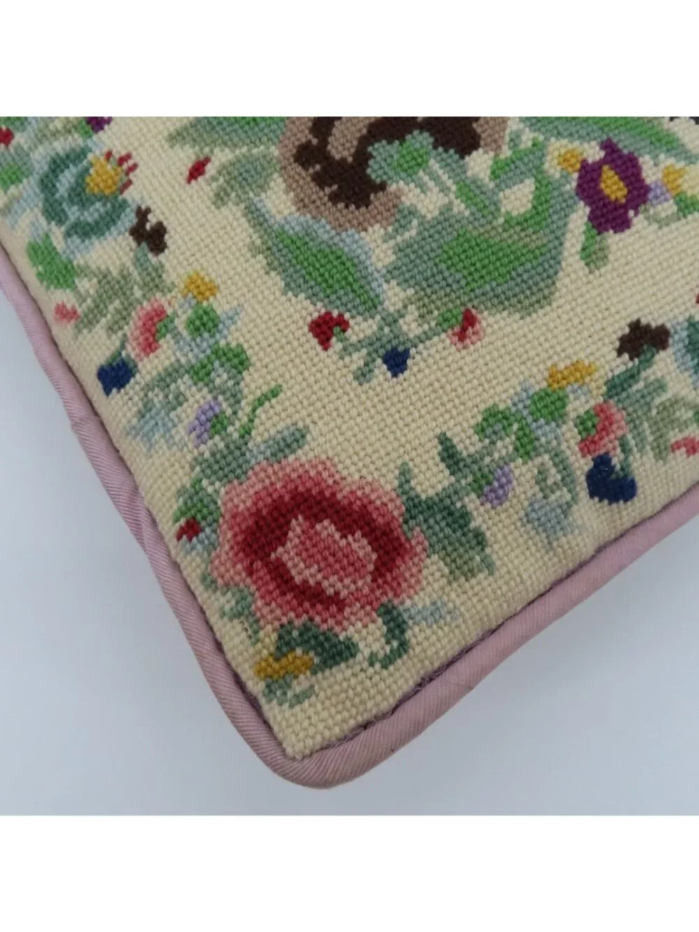 Handmade Multicolor Flower Floral Needlepoint Purple Back Throw Accent Pillow